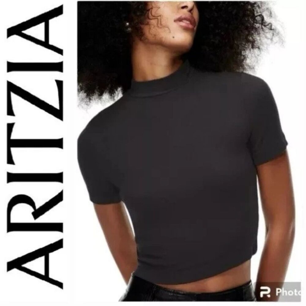 ARITZIA Babaton Gonzalo Hip Mock Neck Ribbed Short Sleeve Top Shirt Size S